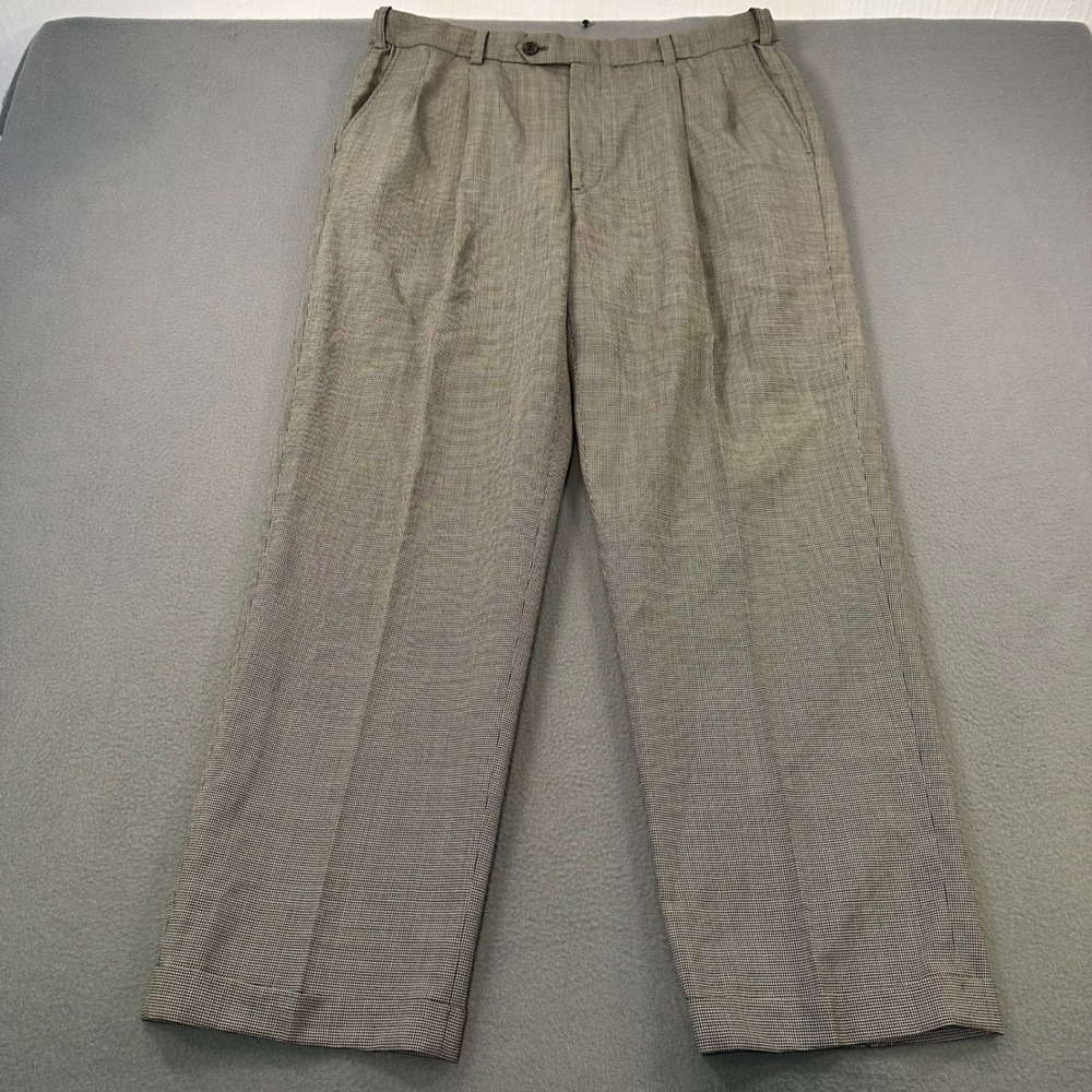 Roundtree & Yorke Mens 36x30 Wool Houndstooth Pleated Cuffed Dress Pants Brown